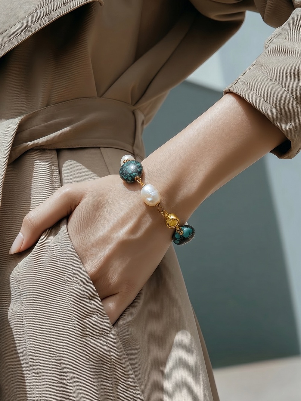 Elegant Turquoise and fresh water Pearls  Bracelet - Designer Women Jewelry☑️